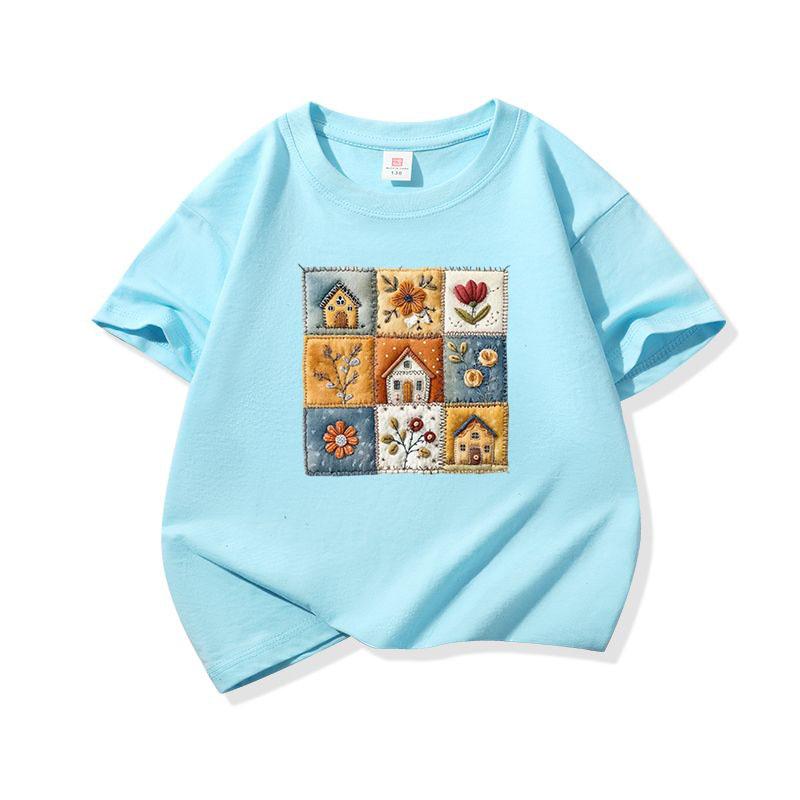 Kids Cotton T Shirt Cute Floral House Print Crew Neck Short Sleeve Tee Casual Breathable Boys Girls Summer Tops