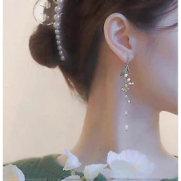 Pink Flower Dangle Earrings For Women Cute Pearl Leaf Sakura Leaf Earrings Fairy Statement Summer Refreshing Seaside Idyllic Holiday Earrings