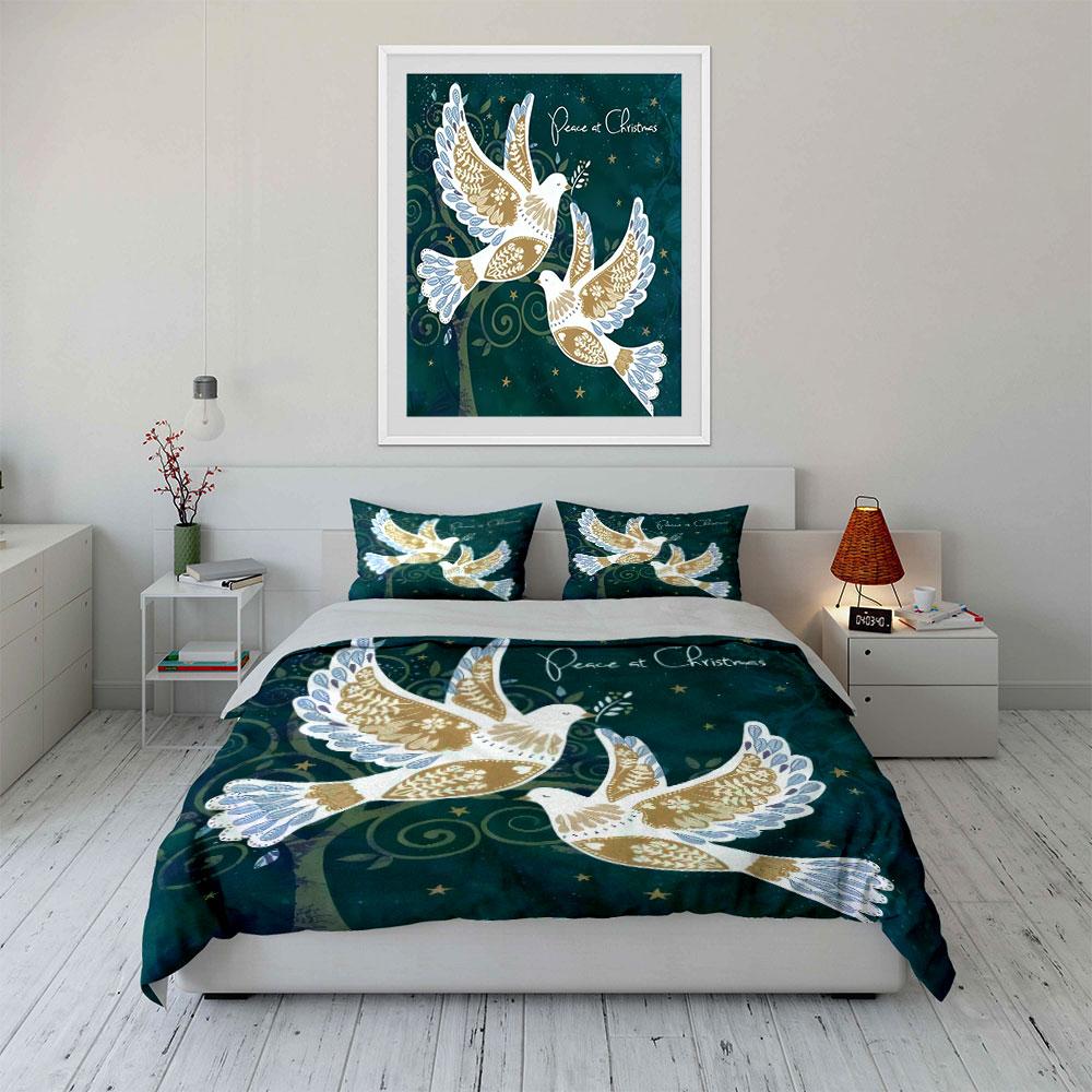 Christmas Peaceful Dove Set Decor Soft Comfortable Duvet Cover Bedding Set Included 1*Duvet Cover & 2*Pillowcases, Gift