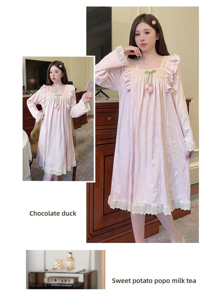 Velvet Nightgown: Women's 2025 Autumn/Winter Long Sleeve Court Princess Style, Sweet Plus Size Maternity Slimming Pajamas.