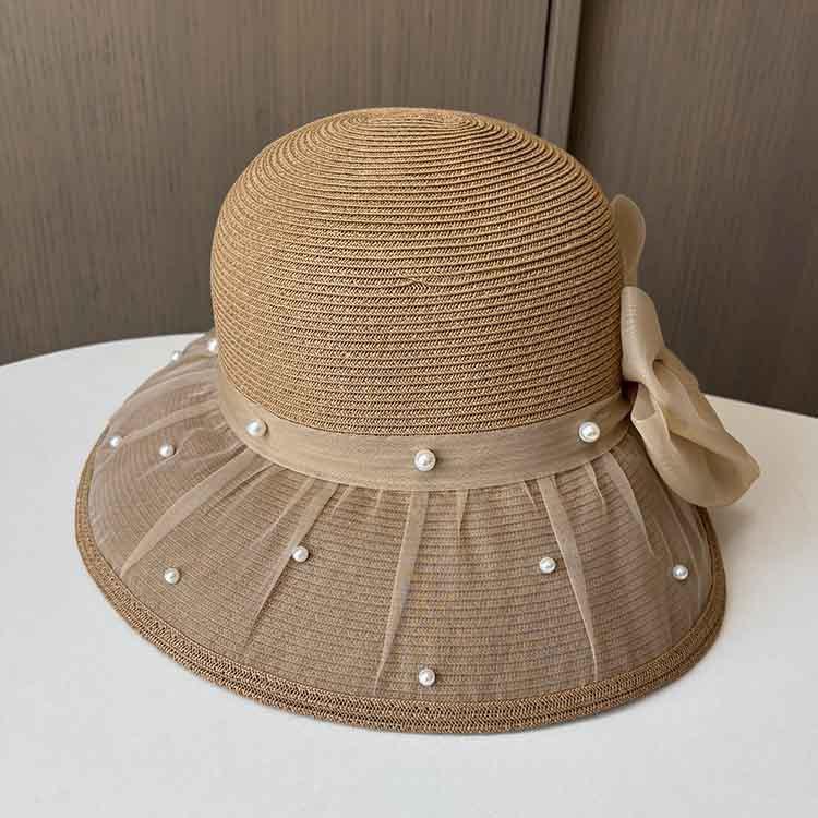 Lace Bead Split Bow Straw Hat Women's Summer Elegant Basin Hat Big Along Beach Sun Hat