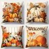 4pcs Autumn Thanksgiving Pillow Covers - Pumpkin Floral Print with Sunflowers, Daisies & Fall Leaves, Soft Square Cushion Covers with Zipper Closure,