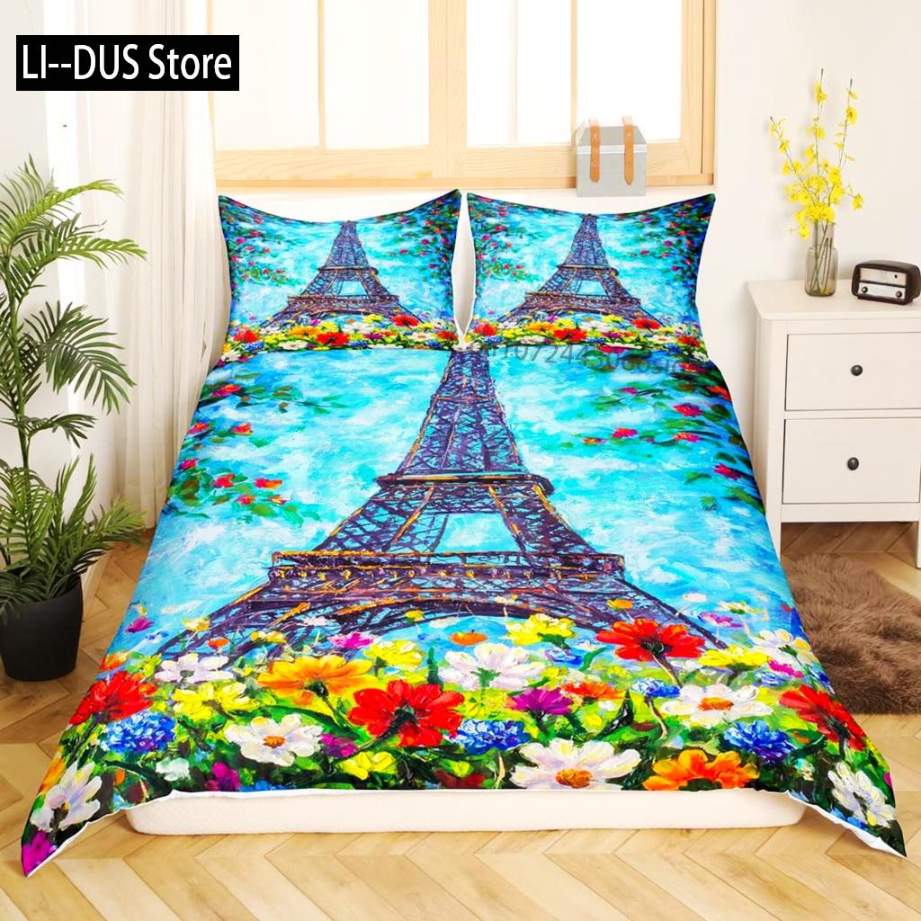 Eiffel Tower Duvet Cover Set King Size Paris Tower Bedding Set For Boy Girl Polyester Paris Cityscape Wooden Texture Quilt Cover