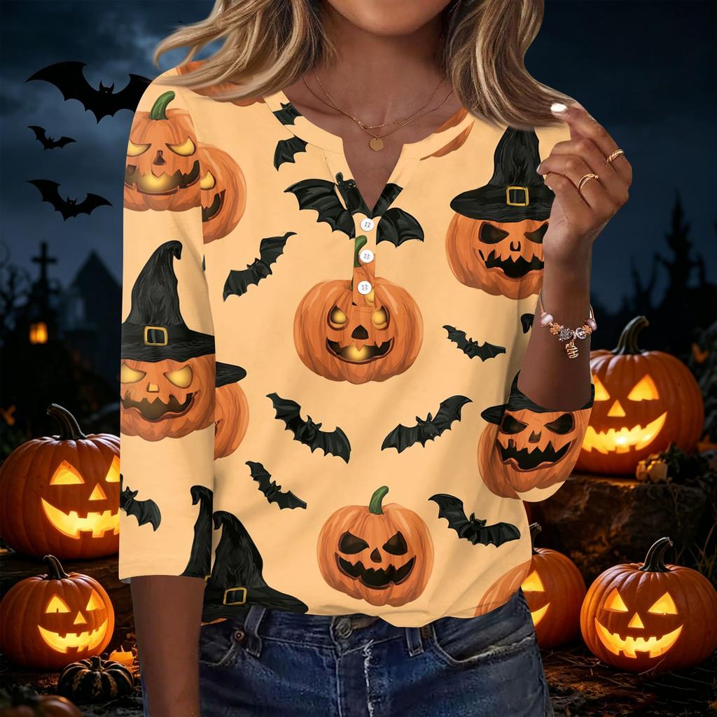 Women's Casual V Neck Button Front Halloween Print T Shirt Three Quarter Sleeve Top Lightweight Soft Fabric Comfortable Fit