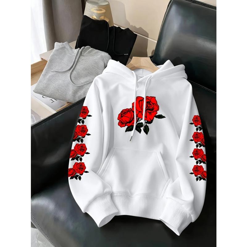 Rose Printed Hooded Men Women Hoodies Plus Size Fashion Sweatshirt Harajuku Long Sleeve Unisex Streetwear Tops