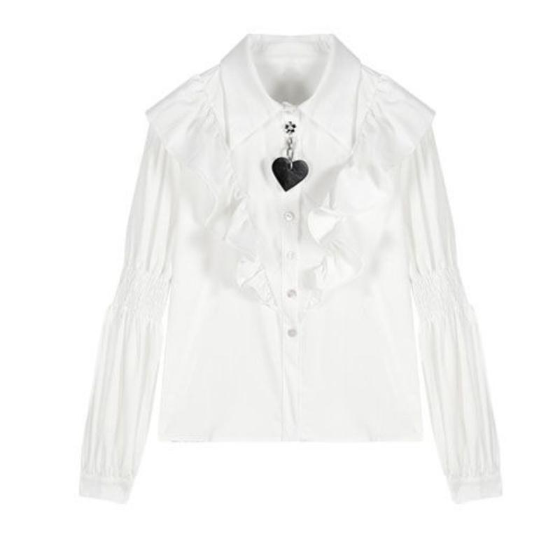 Black Heart Decorated Women's Shirt Ruffle Edge Turn Down Collar Lantern Sleeve Elastic Pleated Blouse Summer New Version Loose Lady Top