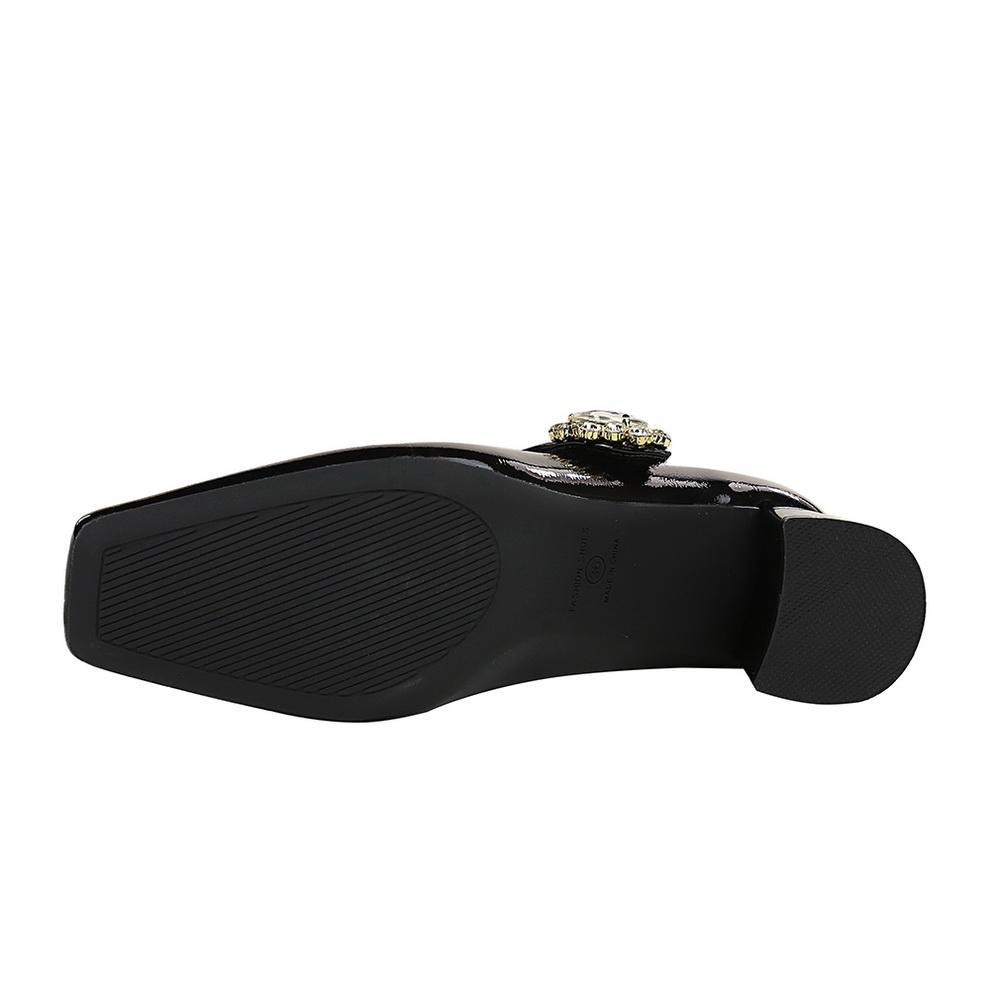 Women's Shoes with Thick Heel, Shallow Mouth, Square Toe, Rhinestone Buckle, Straight Strap, Single Shoe for Women