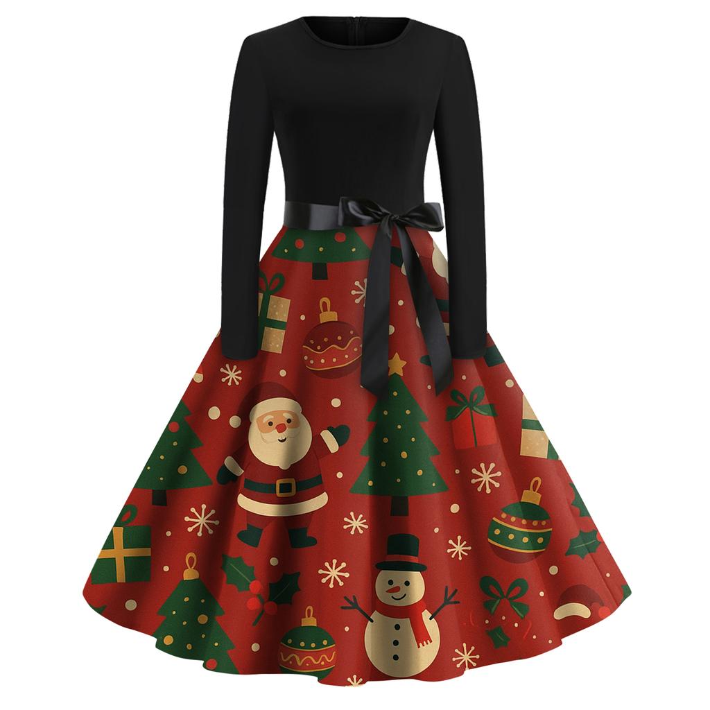 Women's Fashion Round Casual Slim Fit Christmas Print Large Swing Long Sleeve Dress