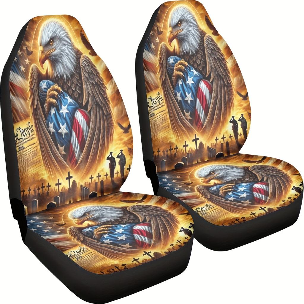 2pcs Eagle Tribute Print Car Seat Covers, For Women And For Man, Universal Auto Front Seats Protector Fits For Car, SUV Sedan, T