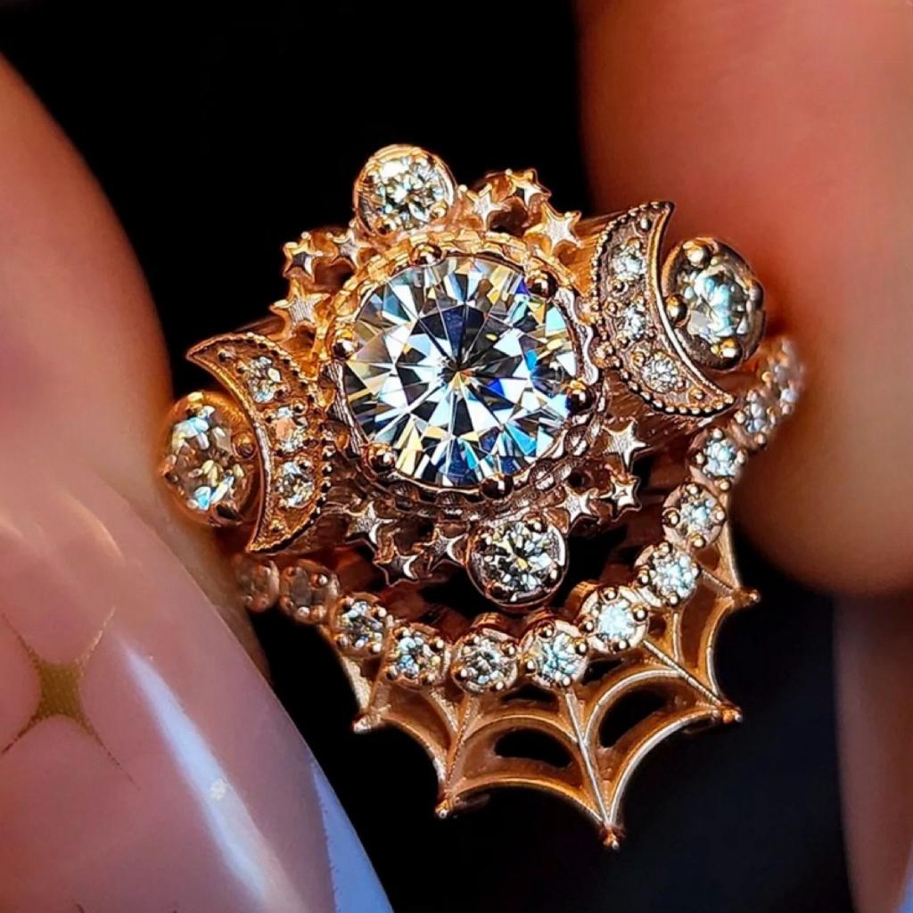 Luxury European and American Fashion Cosmic Moon Muse Engagement Ring Set Star Moon Spider Web Women's Ring