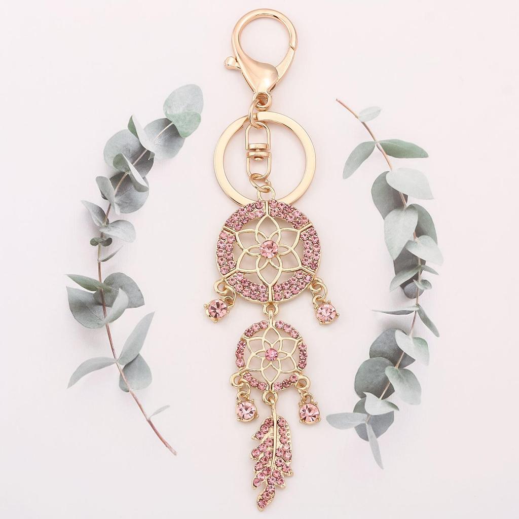 Rhinestone Dreamcatcher Keyring with Hollow Feather Pendant - Elegant Metal Gift