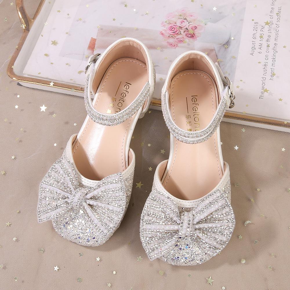 Girls' Sandals silver High Heels Summer New Transparent Soft Sole Bow Girls' Princess Shoes Women's Leather Shoes