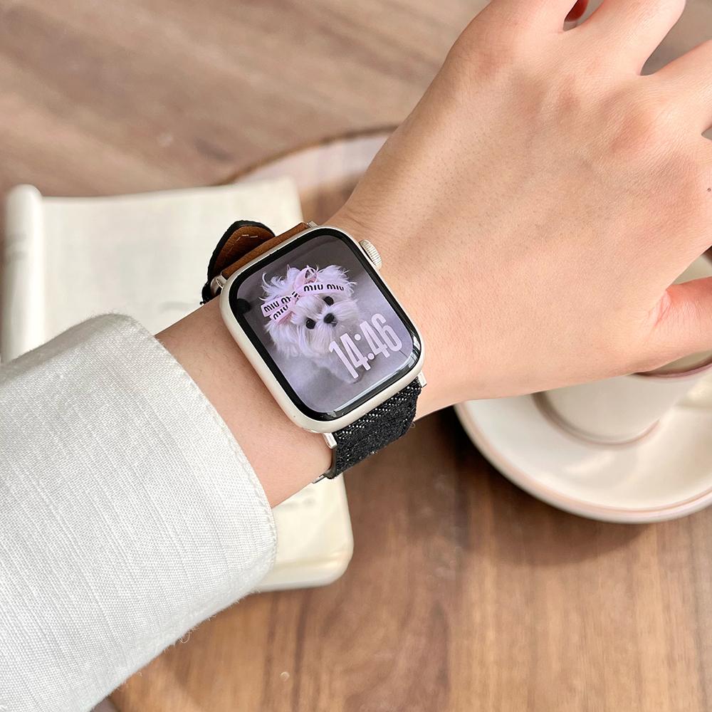 Watch Band For Apple Watch Series 10 Ultra 9 8 7 SE 6 5 4 3 2 1 46mm 49mm 45mm 44mm 42mm Embroidered Denim Leather Strap