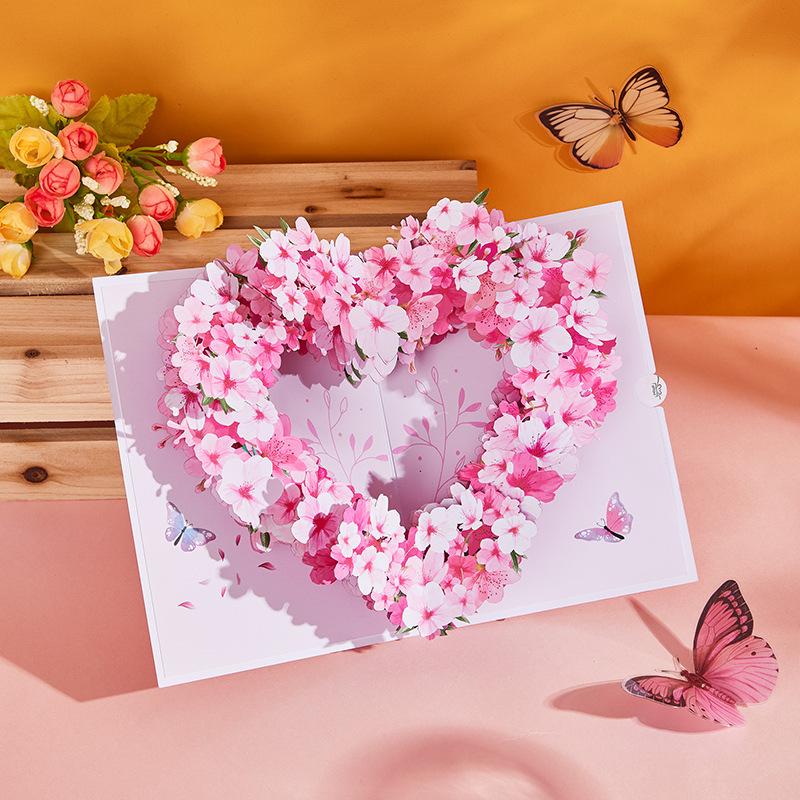 3D Pop-Up Heart Shape Flower Greeting Cards Mother's Day Wedding Card Anniversary Valentines Day Birthday Gift Card Handmade