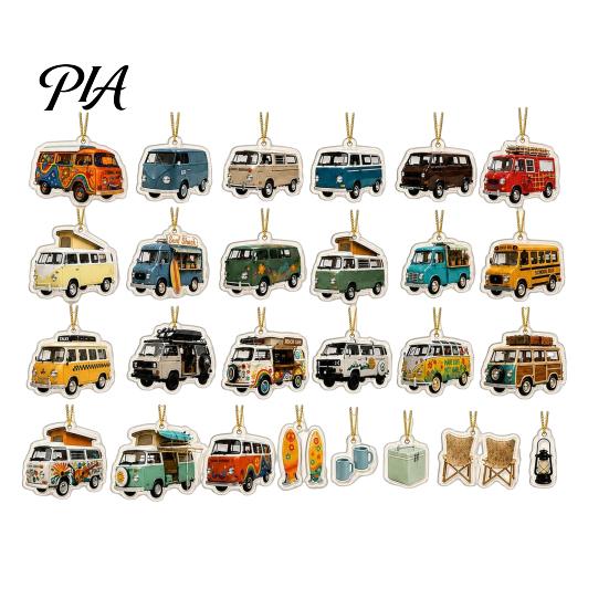 Regalo de Navidad para Viajeros Calendario de Adviento para Furgoneta Camper de 24 Días, Juego de Adornos Colgantes Acrílicos Retro con 24 Diseños Únicos en Miniatura, Decoración de Cuenta Atrás