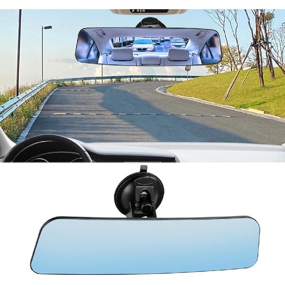 Auto Inside Rearview Mirror with Suction Cup, 12 Inch HD Wide Angle Extended Curved Mirror, 360 Degrees Adjustable Wide Viewing Car Accessories Suction Cup/Blue