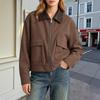 Women Corduroy Jacket with Faux Leather Collar Full Zip Front Long Sleeve Casual Outerwear with Front Flap Pockets