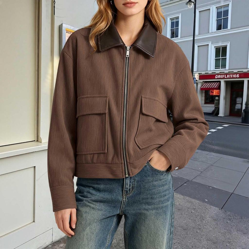 Women Corduroy Jacket with Faux Leather Collar Full Zip Front Long Sleeve Casual Outerwear with Front Flap Pockets