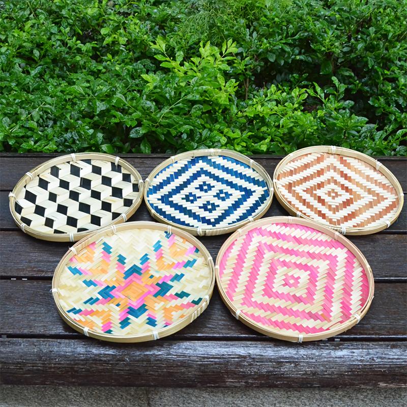 1PC Colorful Multipurpose Storage Basket Traditional Woven Handwoven Bamboo Decorative Flat Artistic 25cm