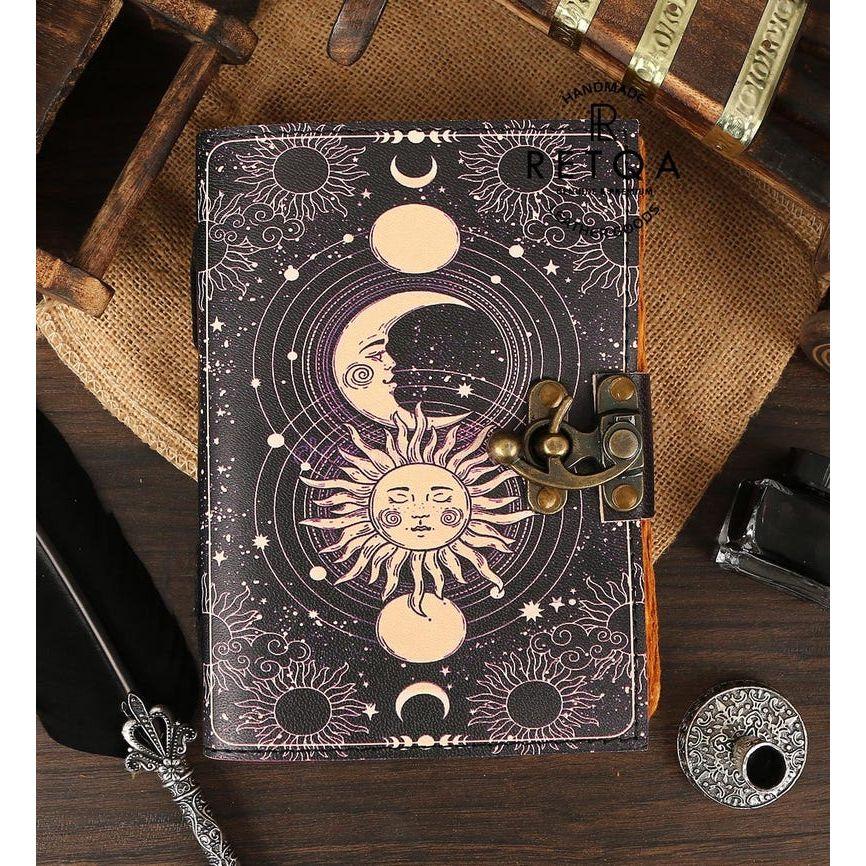 Celestial Sun & moon Handmade vintage leather journal • Deckle edge paper, Blank spell book of shadows grimoire journal, gift for him her