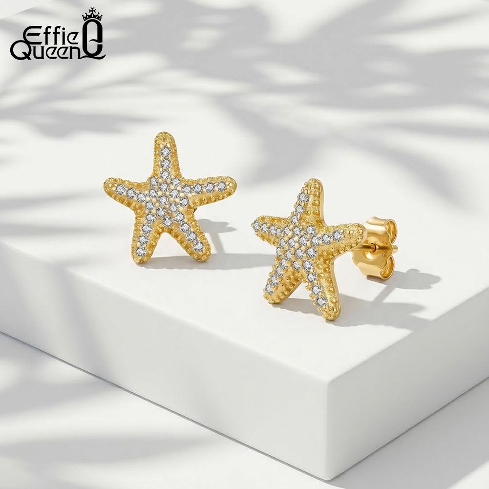 Effie Queen 925 Sterling Silver Fashion Inlaid Zircon Starfish Earrings Cute Star Earrings Stud Ocean Party Jewelry Gift APE154