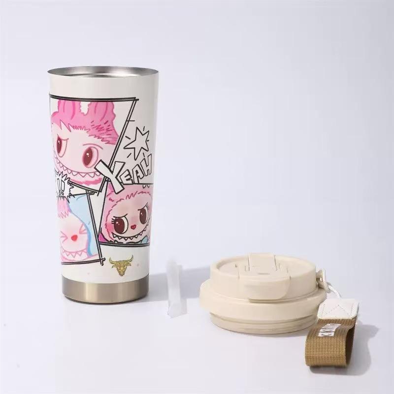 Labub 304 stainless steel thermos cup cartoon pattern portable lily of the valley cup girls high value with straw fashion