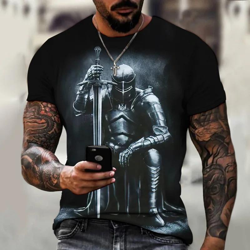 Summer Round Neck 3D Templar Knight Pattern Printed Top Fashionable Casual Short Sleeved Men's T-shirts