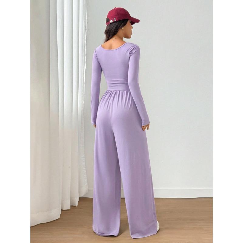 Women Fashion Casual Long Sleeve Square Neck Solid Wide Leg Jumpsuit
