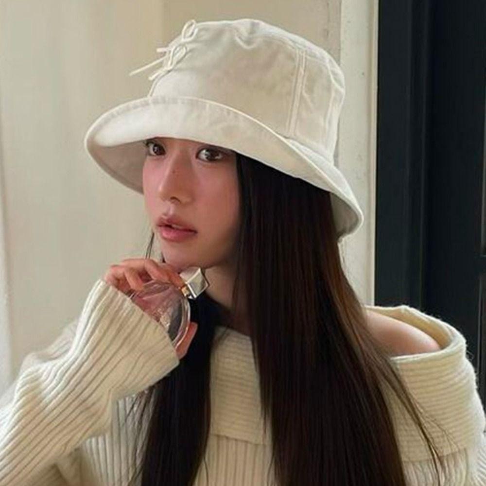 Solid Color Bow Bucket Hat Sunscreen Canvas Basin Hat Travel Bowknot Fisherman Hat  Famale