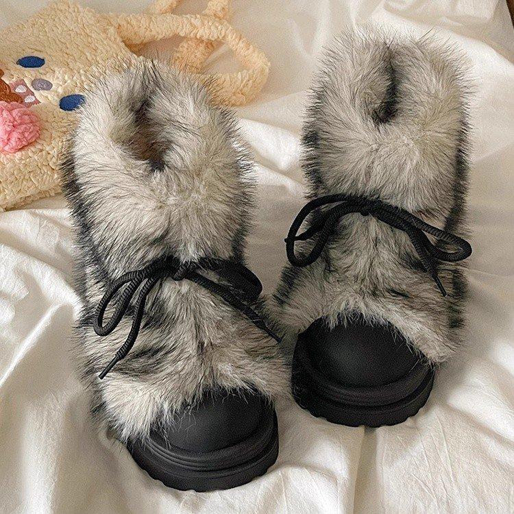Niche design sense, piled and thickened snow boots, women's new winter mid-tube cotton shoes, thick-soled heightening warm fluffy boots