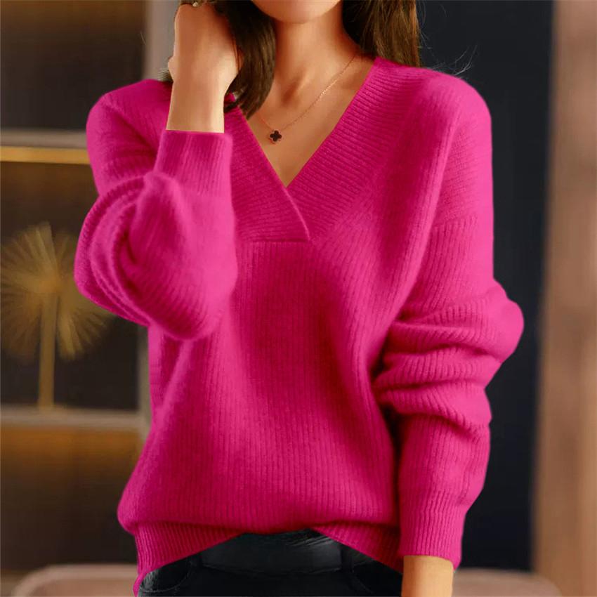 Women's Autumn and Winter V-neck Solid Colour Knitwear Tops Multicoloured Bottoming Shirt Pullover Sweater
