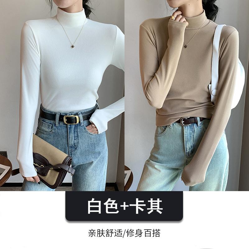 Combination Semi-turtleneck Double-sided German Velvet Bottoming Shirt for Women's Autumn and Winter with Solid-color Warm Long-sleeved Top