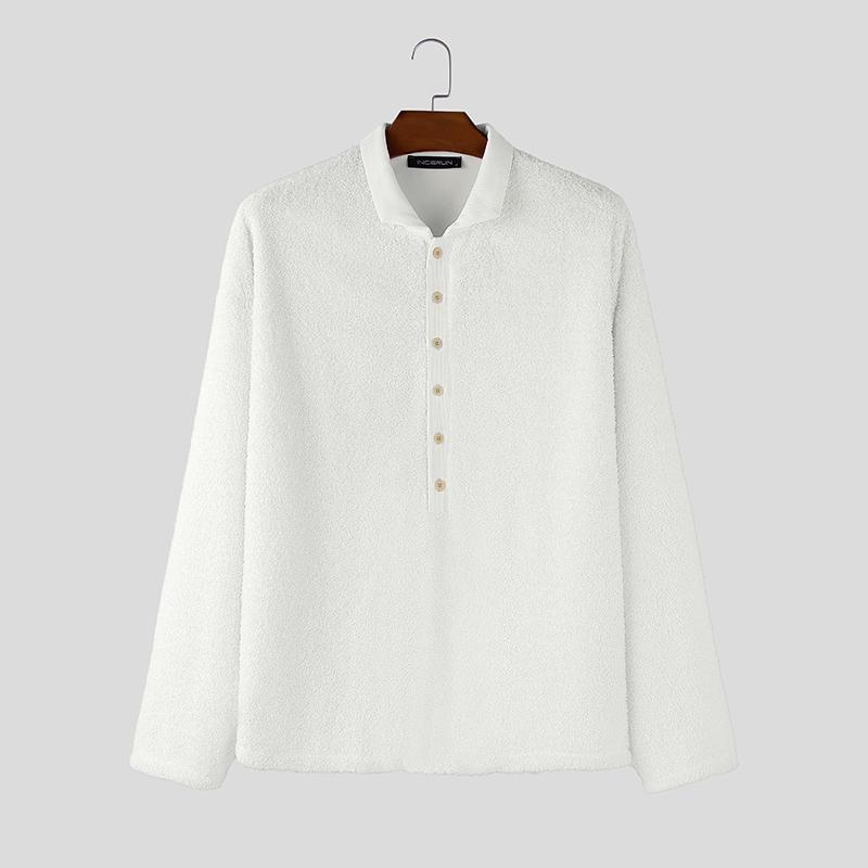 INCERUN Oversized Men Lapel Neck Long Sleeve Buttons Casual Loose Texture Pullovers Tops