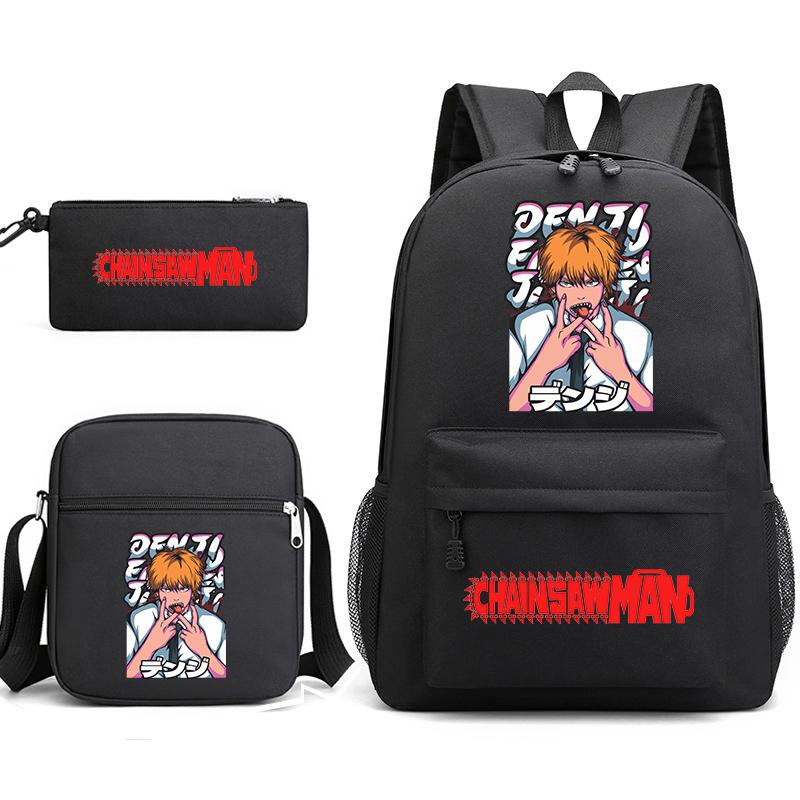 Chainsaw Man Print Student Backpack Set with Crossbody Bag and Pencil Pouch for Boys Girls Daily Use