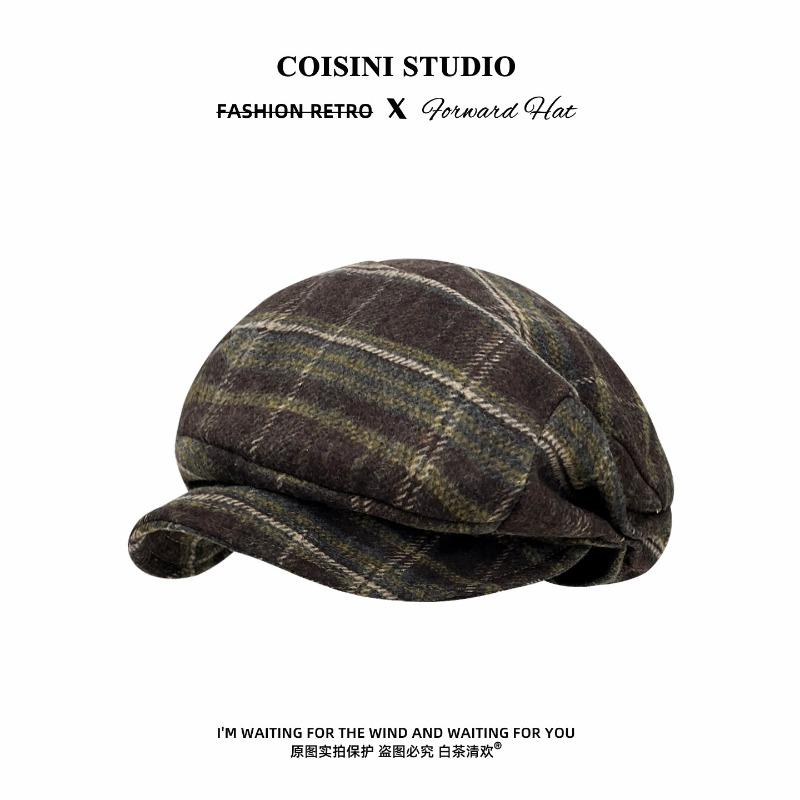 Japanese Retro Plaid Pleated Wool Cloud Berets Women Autumn and Winter Warm Temperament Versatile Soft Brim Newsboy Cap