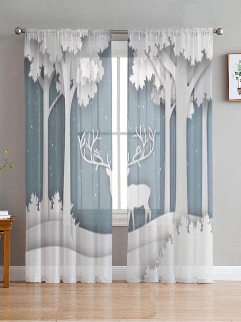 Christmas Elk Curtain Cartoon Xmas Forest Tree Deer Winter Snowflake Semi Living Room Voile Window Treatment Light Filtering Polyester Ideal For Great