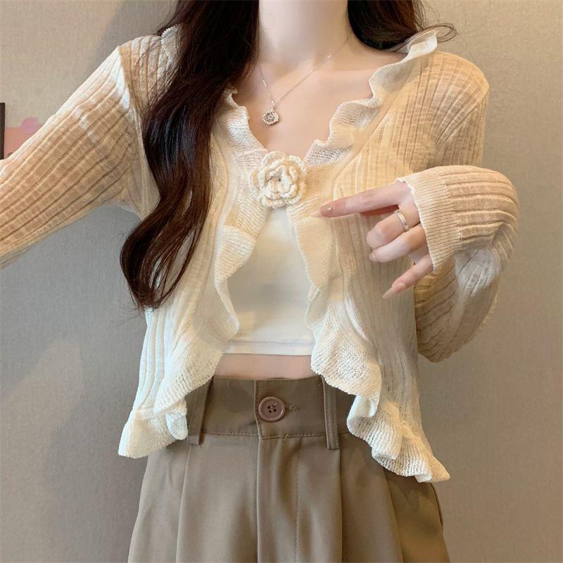 

Женская летняя дышащая одежда с длинным рукавом и 3D-цветком для защиты от солнца, вязаный кардиган, уникальное изысканное пальто-топ One size абрикосовый