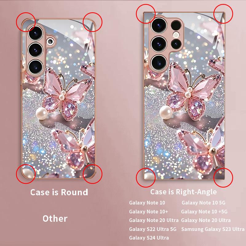 Sparkling Diamond Pearl Butterfly Glass Phone Case Suitable for Samsung Galaxy S26 S25 S24 S22 S21 S20 FE Ultra Plus Anti Drop
