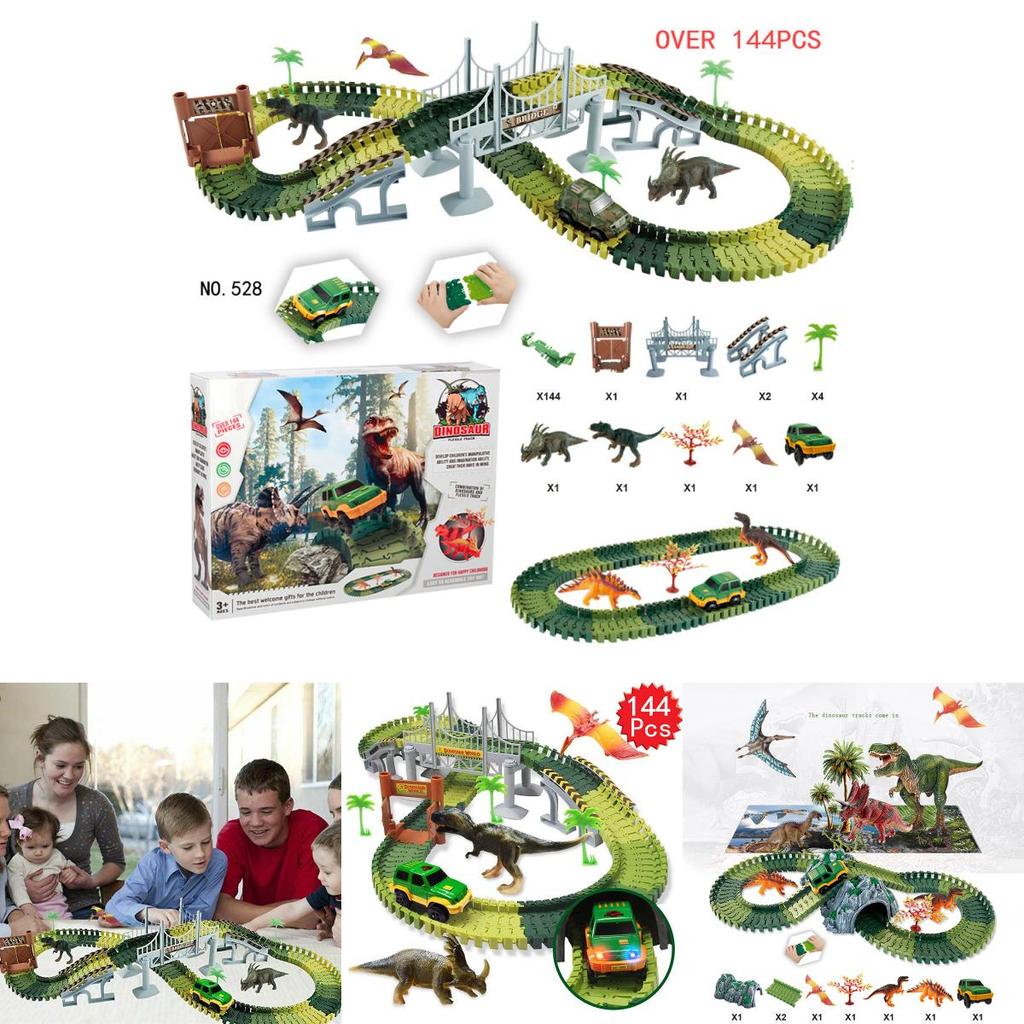 Explore The 144pcs Dinosaur Dino World Kid Flexible Race Car Track Play Set