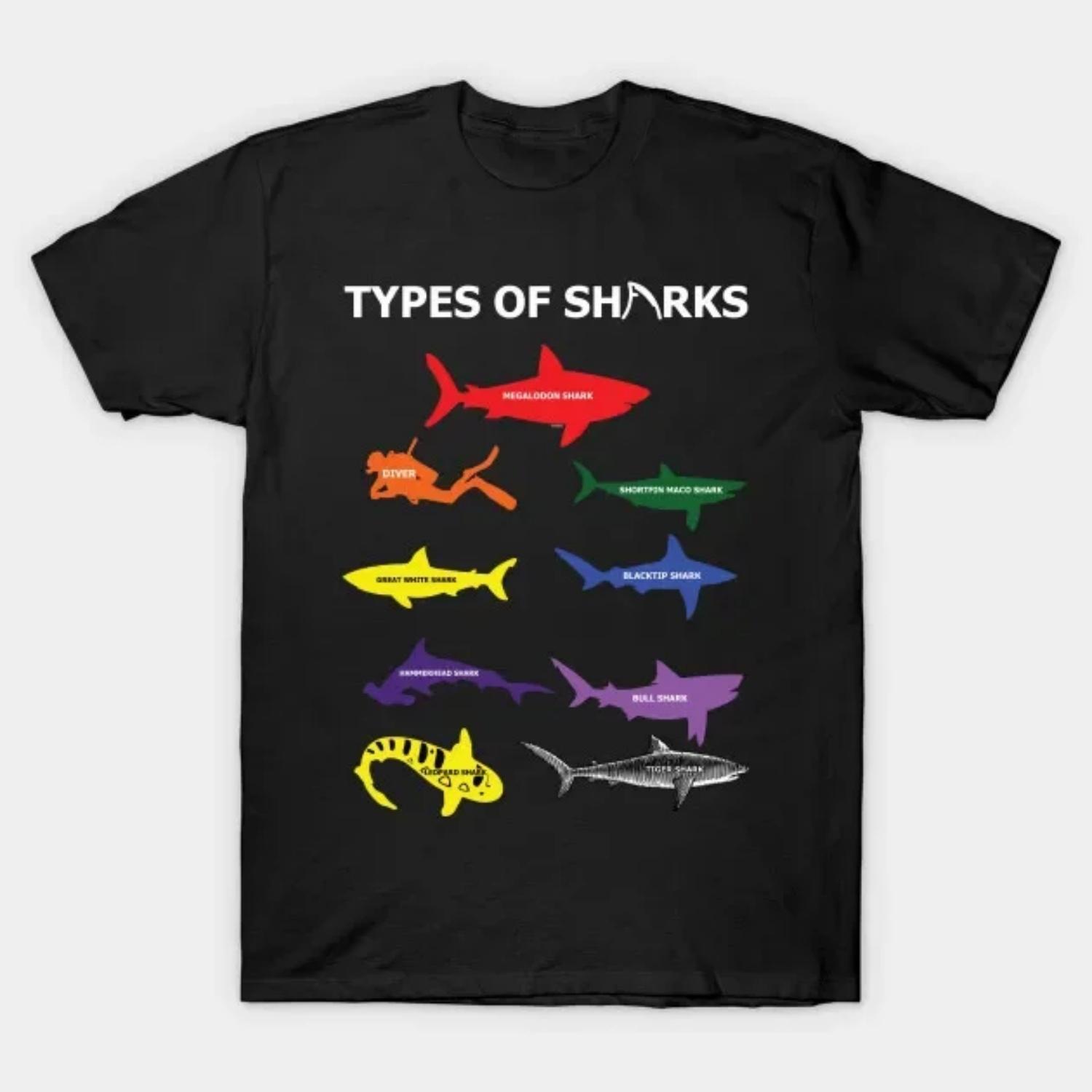 Type of Sharks Marine Life Shark Family Sea Creatures T Shirt New 100% Cotton Short Sleeve O-Neck T-shirt Casual Mens Top S чёрный
