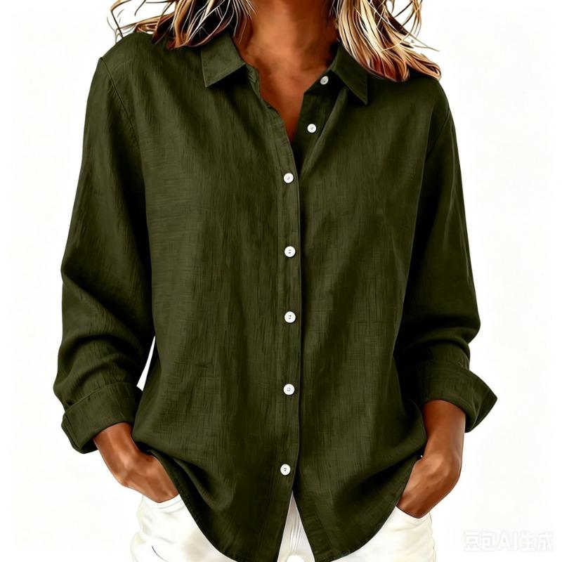Women S Spring Summer Lapel Loose Long Sleeve Cotton Linen Shirt Casual Blouse