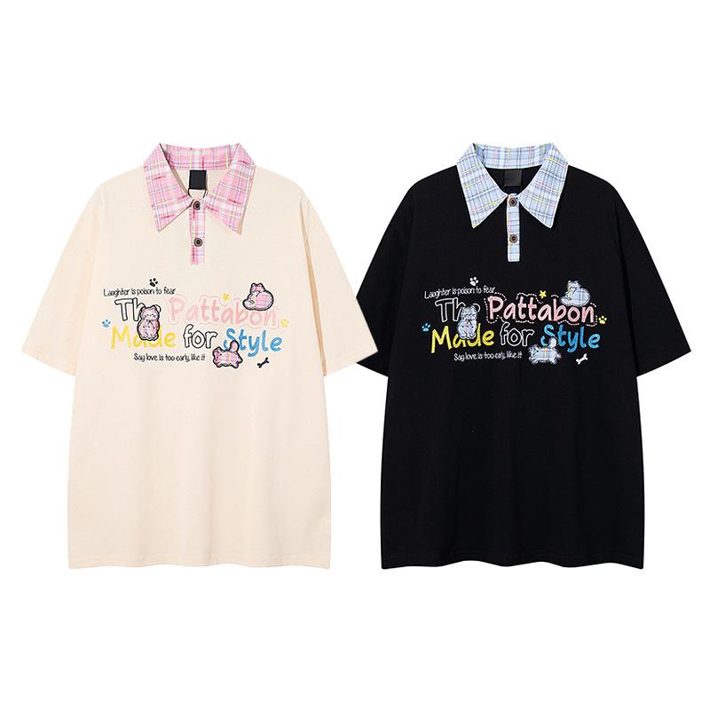 Bordado Alfabeto Americano Vintage Gola Lapela Manga Curta Estilo ins Masculino e Feminino Solto ins Estilo Universitário Camisa Polo Top