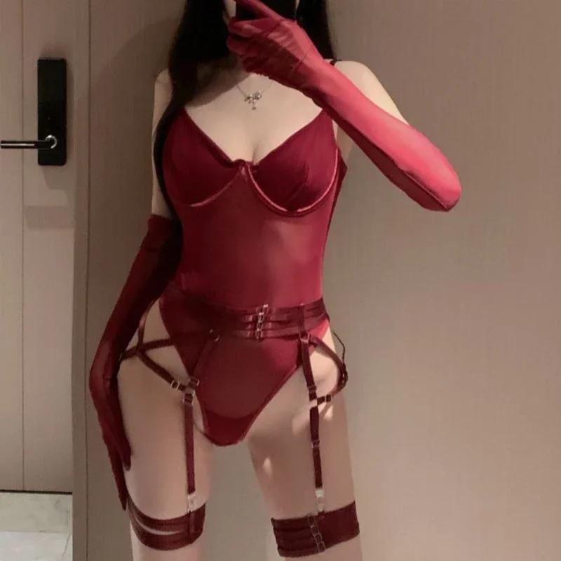 Sexy Gothic Lingerie Set Lace Bodysuit Women Underwear Bra with Gloves Wedding Mittens Tight Fitting