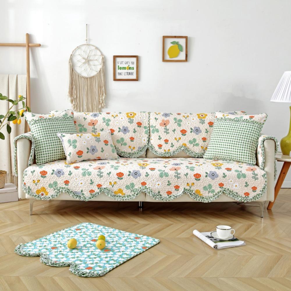Cotton Printed Slipcover Washable Sofa Cover with Wave Edge Non Slip Full Coverage All Season