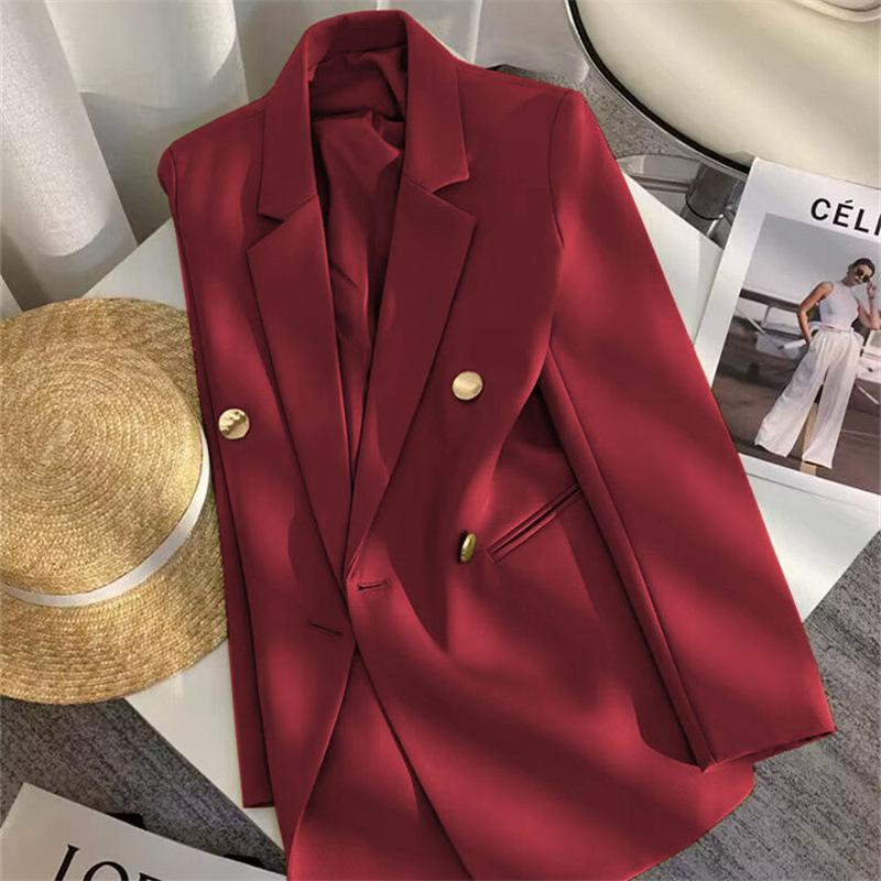 Women Long Sleeve Blazer Jacket Lapel Double Breasted Gold Button Loose Fit Office Casual Suit Outerwear Coat
