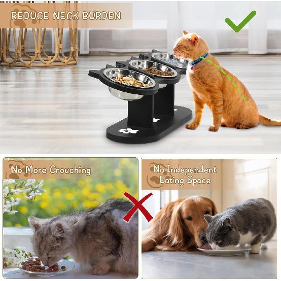 Cat Bowls Elevated, Raised Cat Food Bowls for Indoor Cats, Adjustable Heights Cat Food and Water Bowl with Black Shelf,3 Stainless Steel Elevated Cat