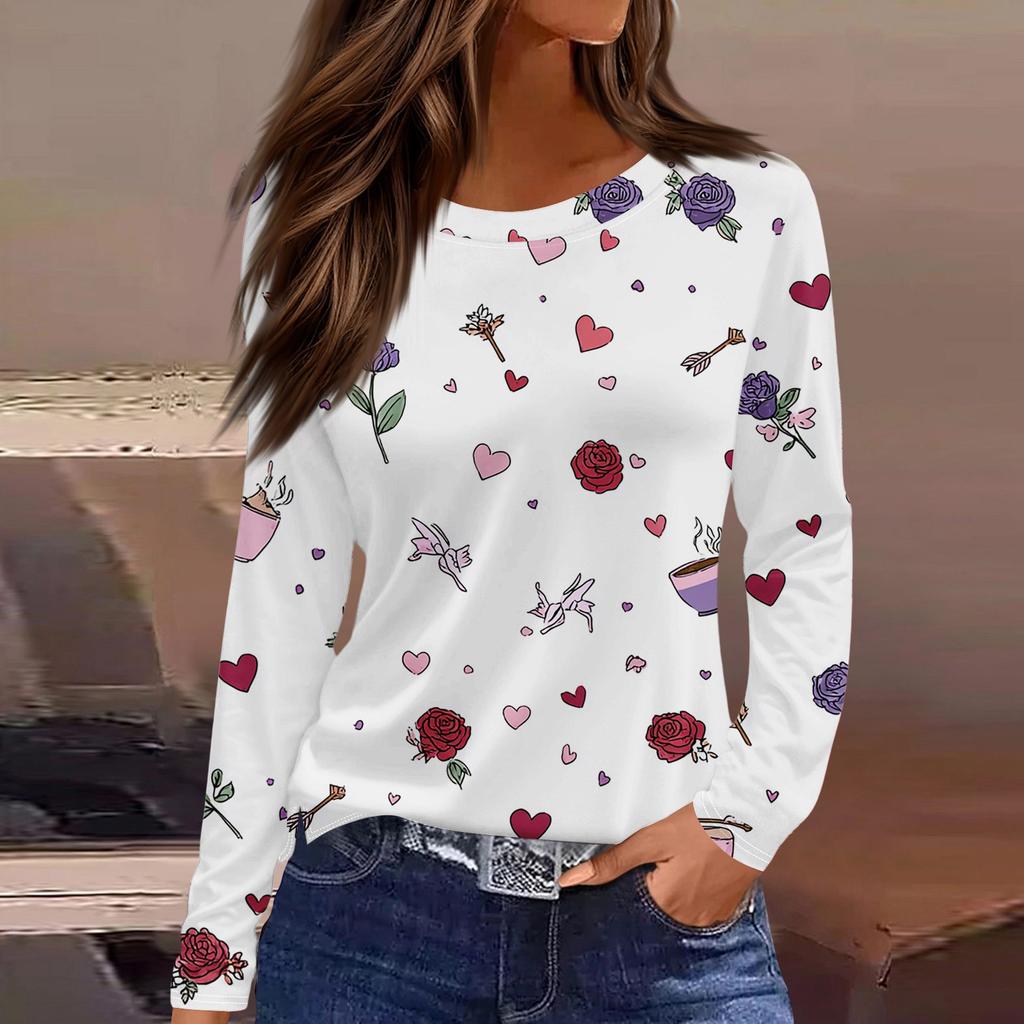 Women's Fashionable Long-Sleeved Round Neck Top with Slit Hem and Valentine's Day Heart Print