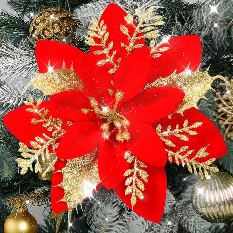Christmas Artificial Flowers Gold Red Glitter Poinsettia with Clips Xmas Tree Ornaments DIY Wreath Wedding New Year Decorations
