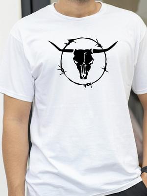 Mens Summer Cotton Fashionable Casual Loose TShirt Bull Skull Print Sports Round Neck Short Sleeved Tshirt Top