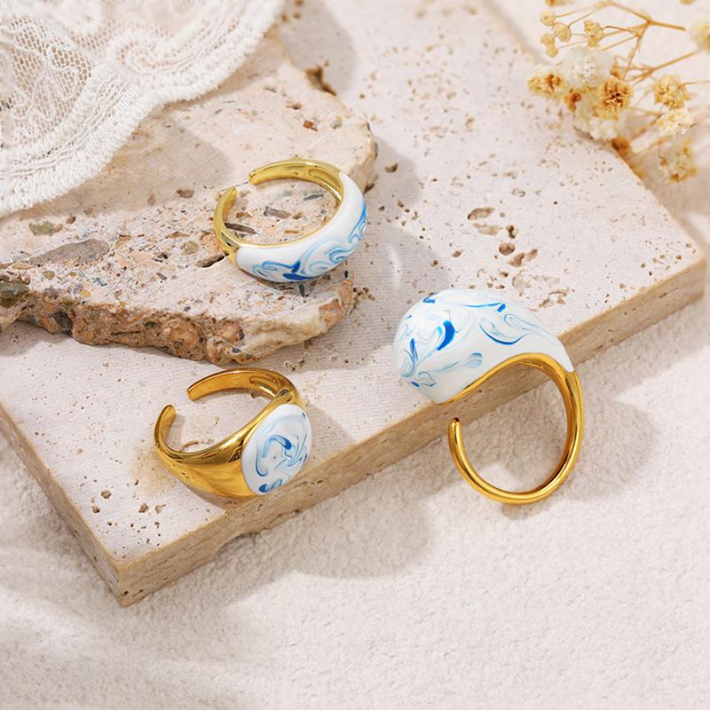 Blue Flower Enamel Drip Oil Ring Vintage Adjustable Blue And White Porcelain Ring Chinese Style Copper Irregular Opening Ring
